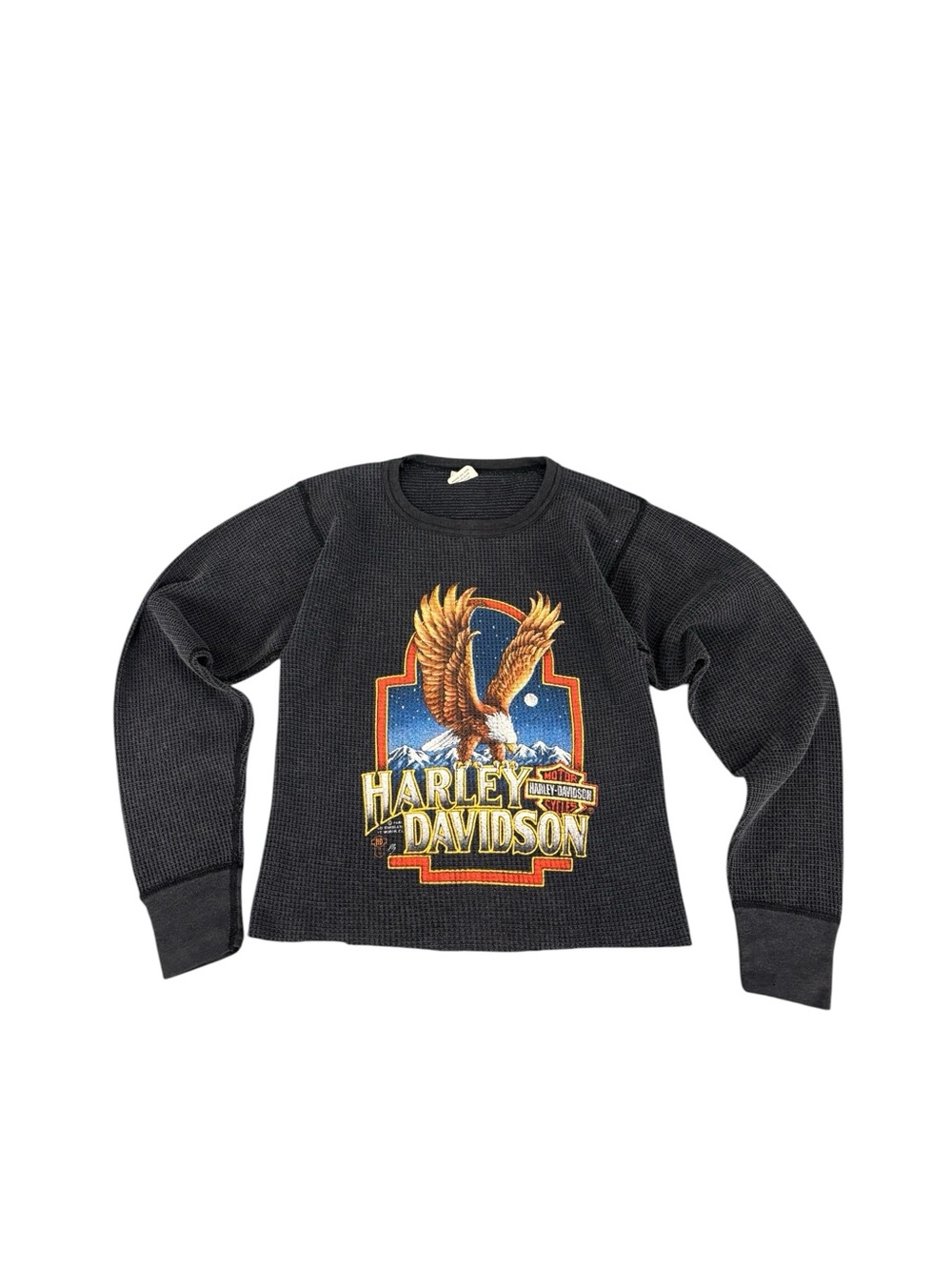 Vintage 80s Harley Davidson 3D Emblem Eagle Logo Black Thermal Longsleev Shirt M